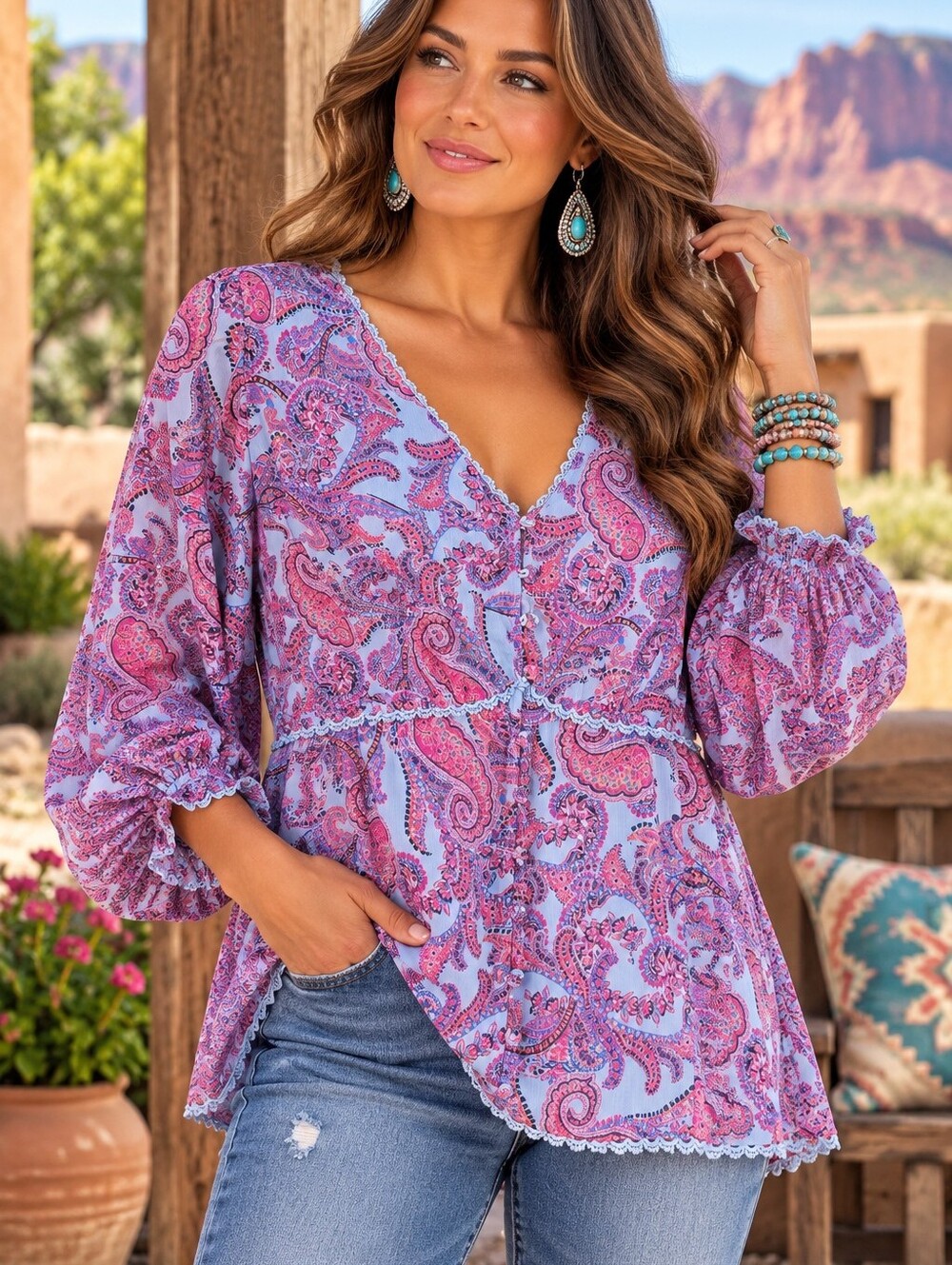 NWT Jessica Simpson Elia 1X Blue Pink Paisley Boho Blouse